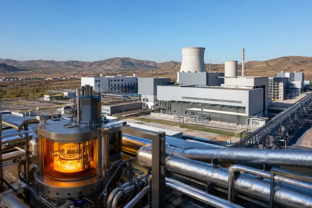 Reator experimental de sal fundido com tubulações industriais em instalação de pesquisa sobre energia nuclear de tório.