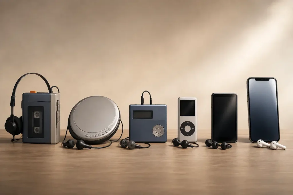 Evolução da música portátil com toca-fitas, Discman, MiniDisc, MP3 player, player digital e smartphone alinhados sobre uma mesa.