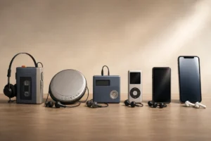 Evolução da música portátil com toca-fitas, Discman, MiniDisc, MP3 player, player digital e smartphone alinhados sobre uma mesa.