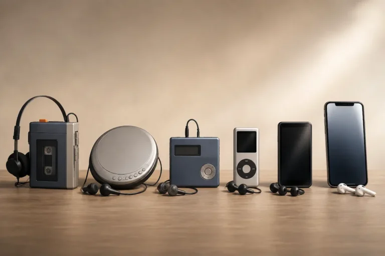 Evolu&ccedil;&atilde;o da m&uacute;sica port&aacute;til com toca-fitas, Discman, MiniDisc, MP3 player, player digital e smartphone alinhados sobre uma mesa.