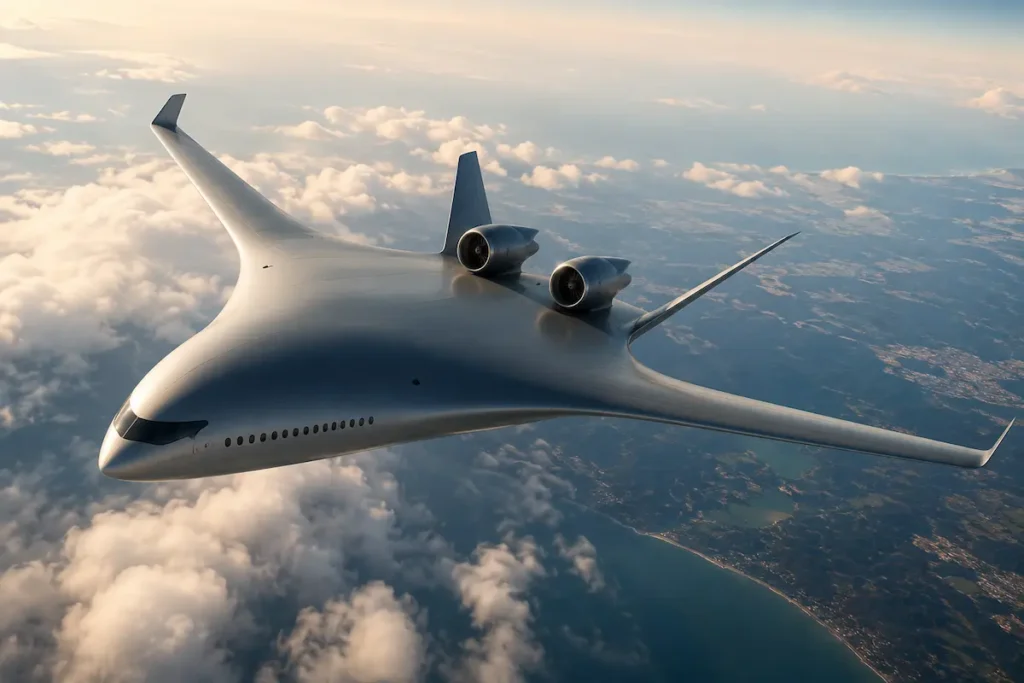 Avião futurista de asa integrada, inspirado no conceito Blended Wing Body, voando acima das nuvens sobre uma região costeira ao pôr do sol.