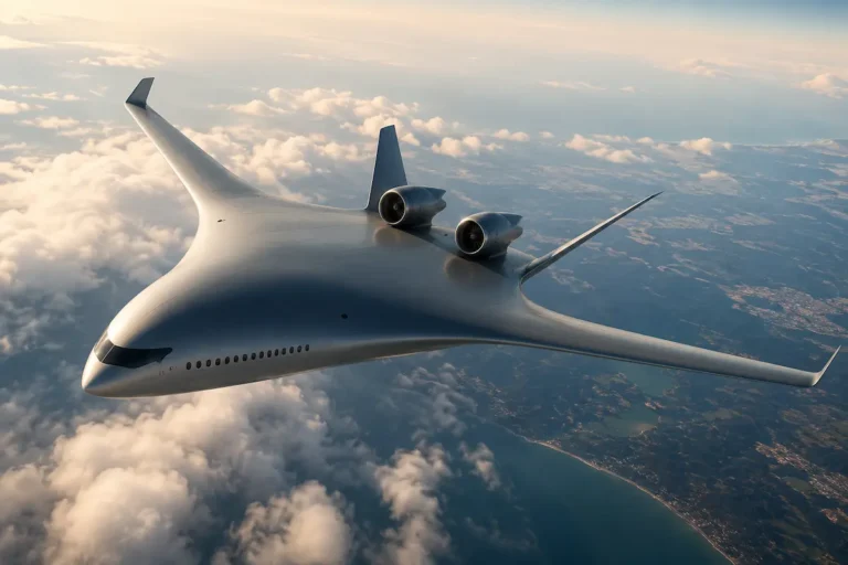 Avião futurista de asa integrada, inspirado no conceito Blended Wing Body, voando acima das nuvens sobre uma região costeira ao pôr do sol.