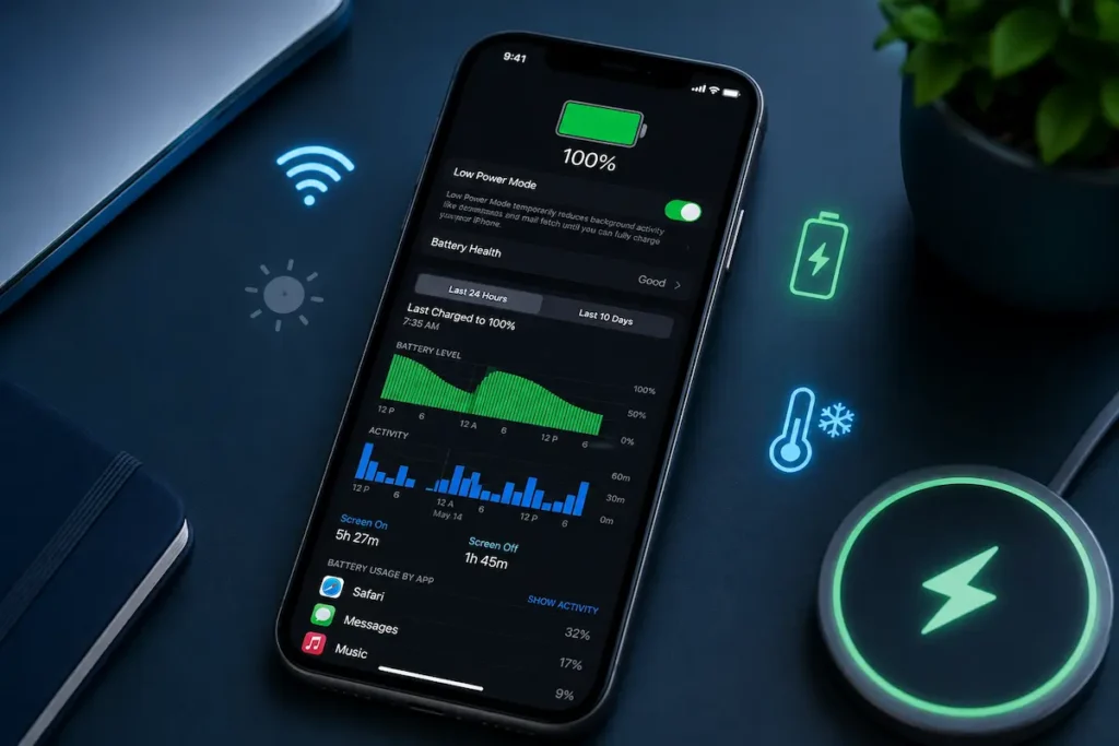 iPhone exibindo o painel de bateria com Modo Pouca Energia, saúde da bateria e gráfico de consumo sobre uma mesa tecnológica.