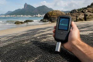 Contador Geiger sendo usado sobre areia escura rica em minerais em uma praia para medir radiação natural.