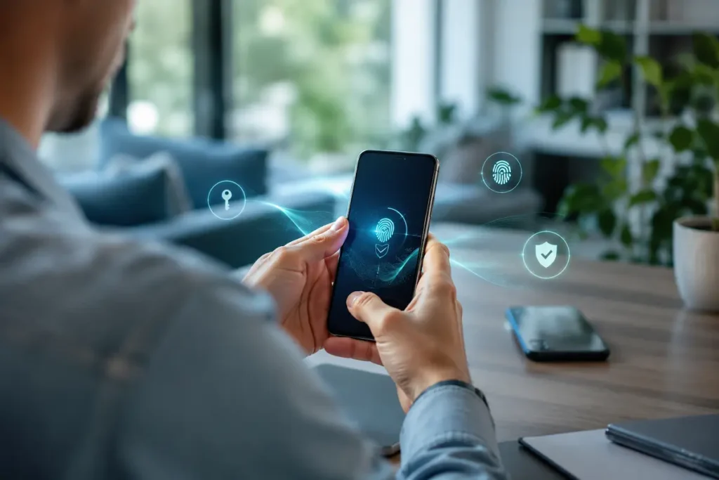 Pessoa configurando um smartphone novo com elementos de biometria, chave digital e proteção, enquanto o aparelho antigo aparece sobre a mesa.