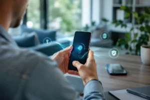 Pessoa configurando um smartphone novo com elementos de biometria, chave digital e proteção, enquanto o aparelho antigo aparece sobre a mesa.