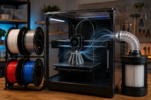 Impressora 3D em gabinete fechado com sistema de ventilação capturando partículas e vapores dos filamentos.