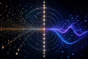 Representação abstrata da função zeta de Riemann com números primos, ondas matemáticas e pontos luminosos alinhados à linha crítica.