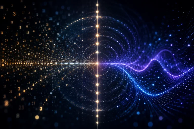Representação abstrata da função zeta de Riemann com números primos, ondas matemáticas e pontos luminosos alinhados à linha crítica.