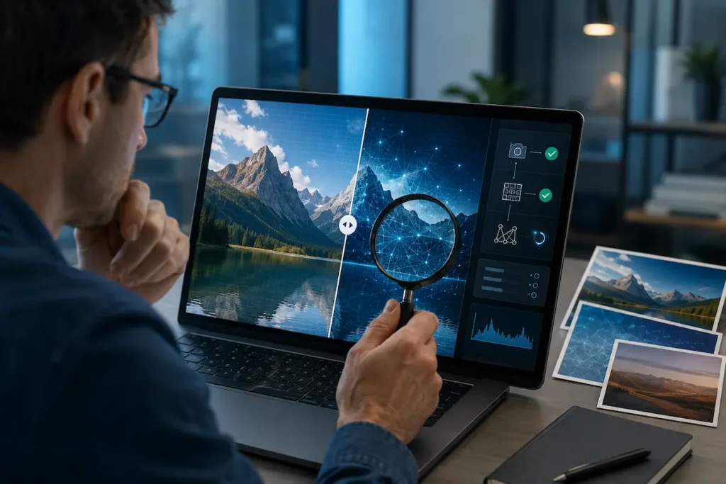 Pessoa analisando em um notebook se uma imagem foi feita ou alterada por IA, com lupa, comparação visual e elementos de verificação digital.