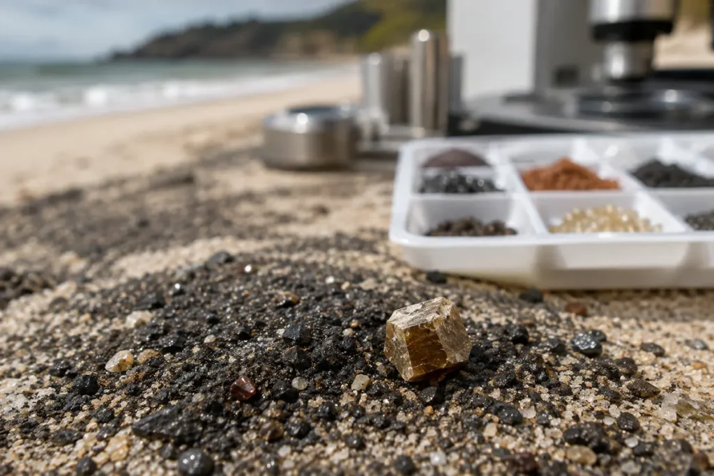 Amostra de monazita sobre areia rica em minerais pesados, com equipamentos de laboratório e praia ao fundo.