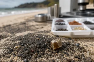 Amostra de monazita sobre areia rica em minerais pesados, com equipamentos de laboratório e praia ao fundo.
