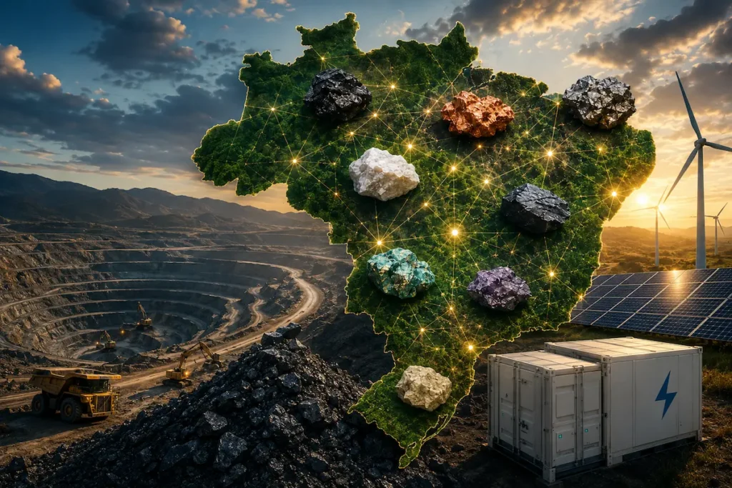 Mapa do Brasil cercado por minerais estratégicos, mina a céu aberto, turbinas eólicas, painéis solares e sistema de armazenamento de energia, representando os minerais críticos e suas aplicações tecnológicas.