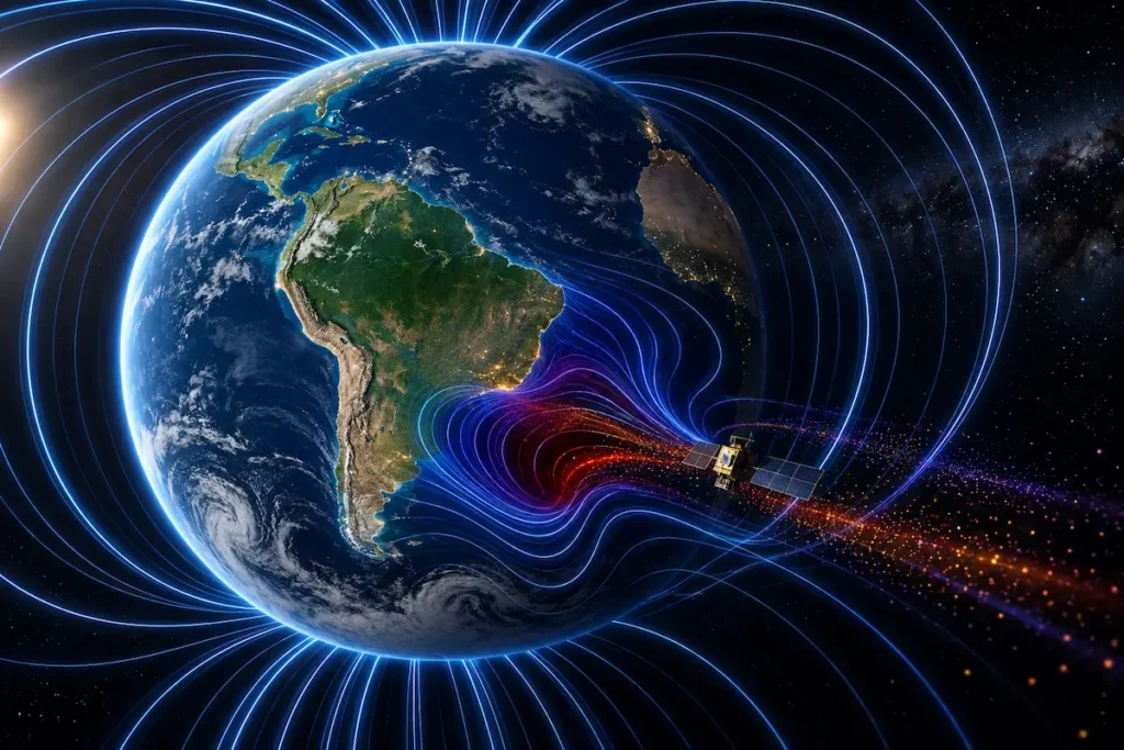 Anomalia Magnética do Atlântico Sul sobre a América do Sul e o oceano Atlântico, com linhas do campo magnético terrestre, partículas energéticas e um satélite em órbita.