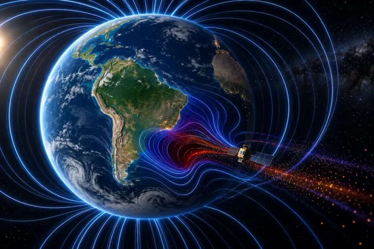 Anomalia Magnética do Atlântico Sul sobre a América do Sul e o oceano Atlântico, com linhas do campo magnético terrestre, partículas energéticas e um satélite em órbita.