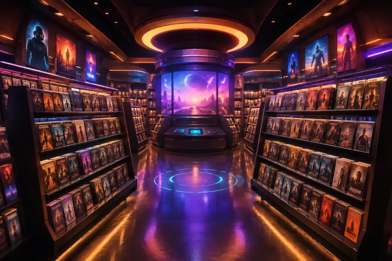 Locadora virtual 3D com corredores de filmes que representa a experiência do BingeBrowse para descobrir títulos de streaming.