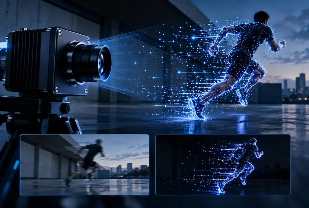 Câmera de eventos registrando um corredor em movimento por meio de pontos luminosos e pulsos digitais, em contraste com uma captura convencional com borrão de movimento.