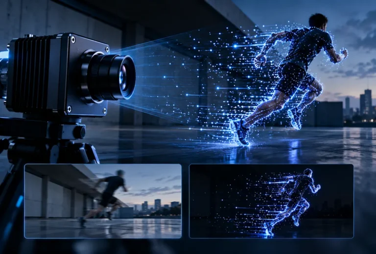 C&acirc;mera de eventos registrando um corredor em movimento por meio de pontos luminosos e pulsos digitais, em contraste com uma captura convencional com borr&atilde;o de movimento.