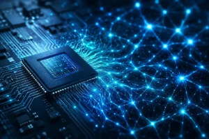 Chip neuromórfico conectado a uma rede luminosa de neurônios artificiais, representando processamento inspirado no cérebro e computação orientada a eventos.