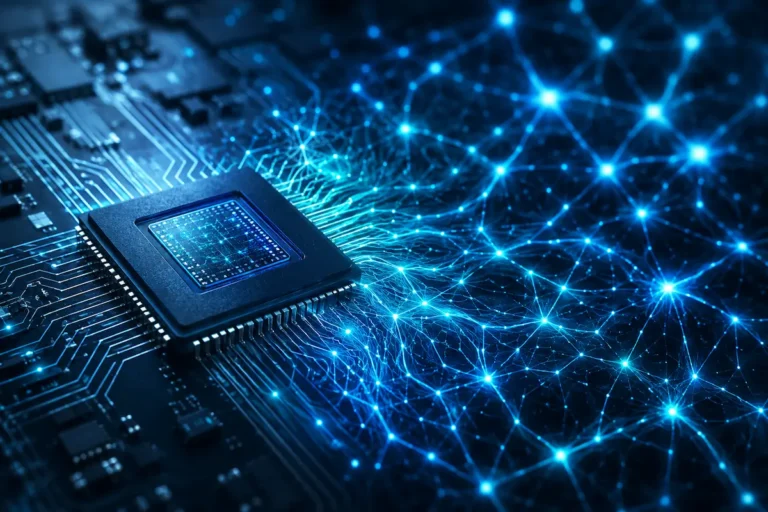 Chip neuromórfico conectado a uma rede luminosa de neurônios artificiais, representando processamento inspirado no cérebro e computação orientada a eventos.