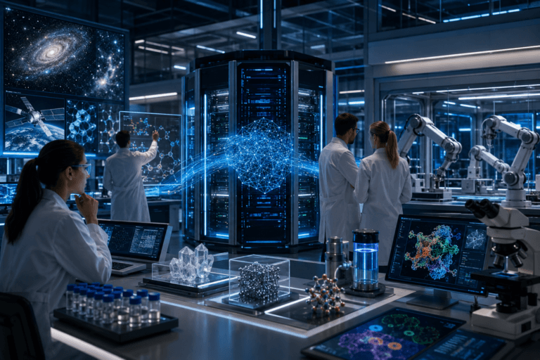 Pesquisadores em laboratório avançado usando inteligência artificial, supercomputadores, robótica e dados científicos para acelerar descobertas.