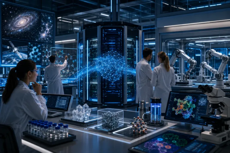 Pesquisadores em laborat&oacute;rio avan&ccedil;ado usando intelig&ecirc;ncia artificial, supercomputadores, rob&oacute;tica e dados cient&iacute;ficos para acelerar descobertas.