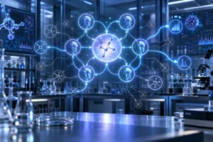 Laboratório futurista com rede de agentes de inteligência artificial analisando e refinando hipóteses científicas em torno de uma estrutura molecular.