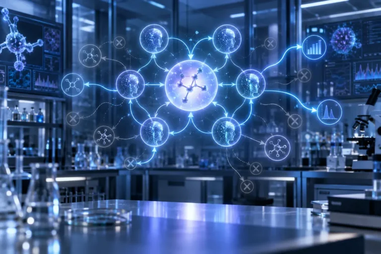 Laboratório futurista com rede de agentes de inteligência artificial analisando e refinando hipóteses científicas em torno de uma estrutura molecular.