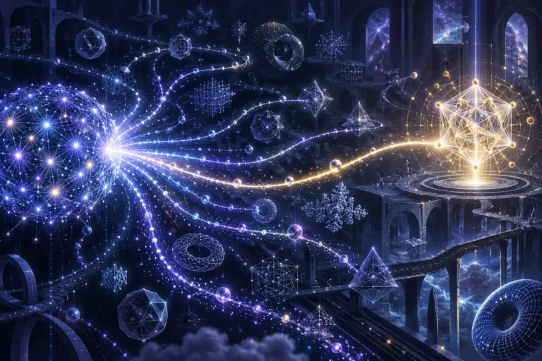 Rede de inteligência artificial explorando múltiplos caminhos matemáticos até convergir para uma nova estrutura geométrica luminosa.