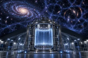 Detector subterrâneo de xenônio usado na busca por matéria escura, com galáxias e estruturas cósmicas ao fundo.