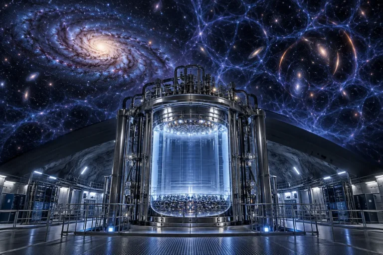 Detector subterrâneo de xenônio usado na busca por matéria escura, com galáxias e estruturas cósmicas ao fundo.