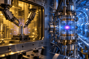 Laboratório de alta tecnologia com fonte de califórnio-252 manipulada remotamente e equipamento de contenção de antimatéria em acelerador de partículas.