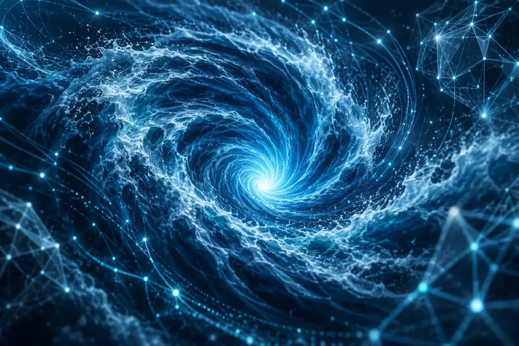 Vórtice de fluido em espiral cercado por conexões digitais que representam a análise das equações de Navier-Stokes por inteligência artificial.