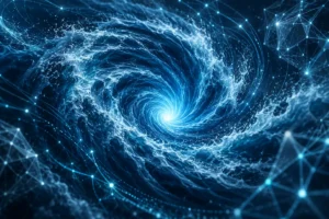 Vórtice de fluido em espiral cercado por conexões digitais que representam a análise das equações de Navier-Stokes por inteligência artificial.