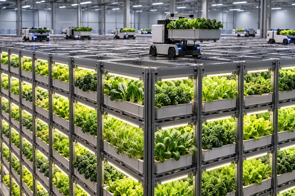 Robôs automatizados movimentam bandejas com verduras em uma fazenda vertical de alta tecnologia inspirada na Opollo Farm.