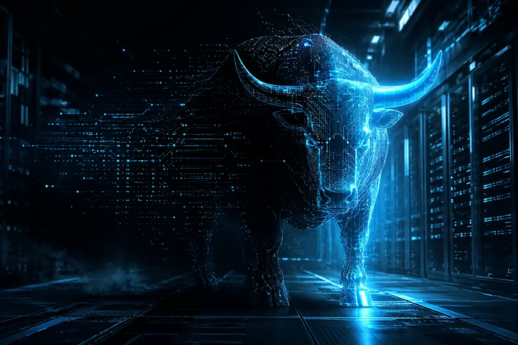 Touro digital formado por circuitos e partículas luminosas em um data center futurista, representando a IA Ox Alpha revelada como GLM-5.3-Flash da Z.ai.