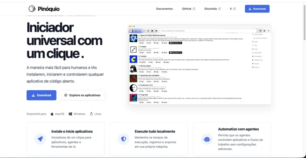 Página oficial do Pinokio com botão de download para instalar o aplicativo no computador.