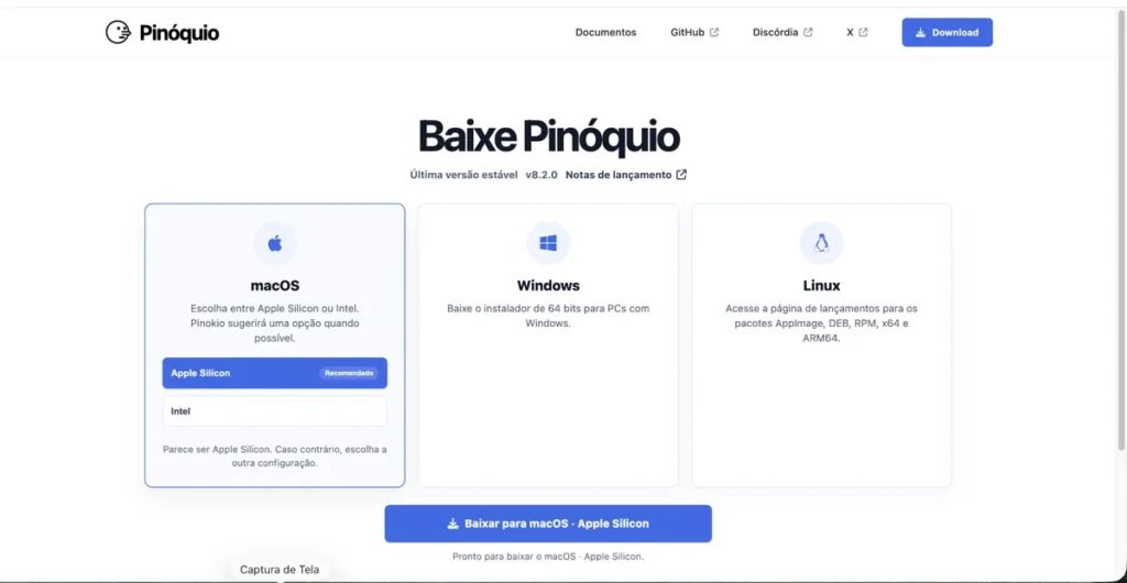 Tela de download do Pinokio com a opção para macOS Apple Silicon selecionada.