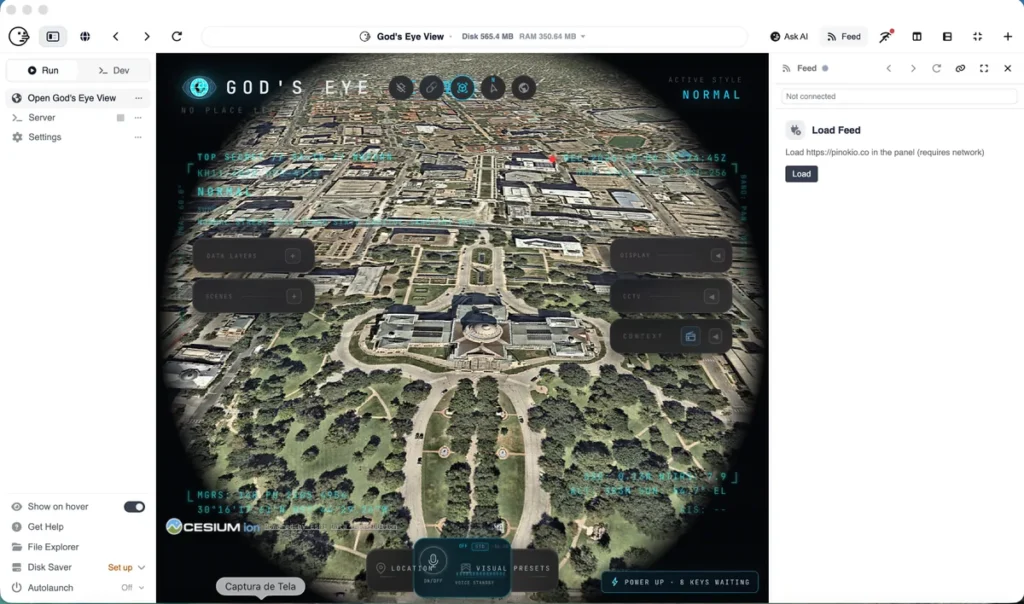 Interface do God’s Eye View funcionando com mapa 3D, controles de dados e visualização geoespacial.