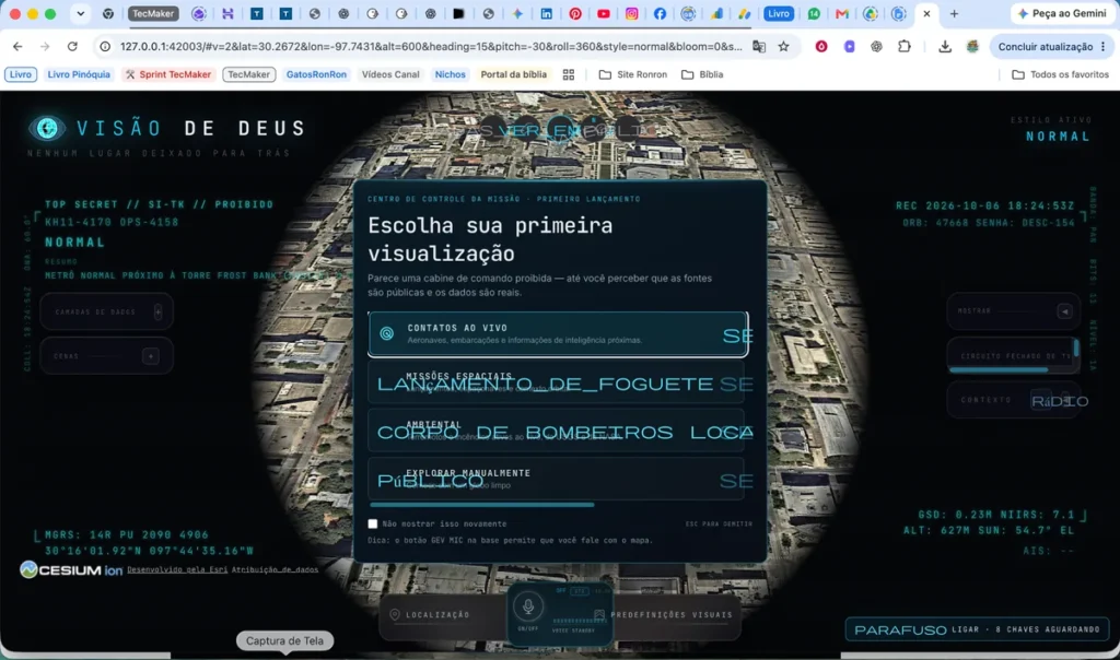God’s Eye View aberto no Google Chrome com tradução automática para português e textos sobrepostos na interface.
