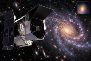 Telescópio espacial Nancy Grace Roman diante de uma galáxia, com destaque visual para um pixel da imagem astronômica.