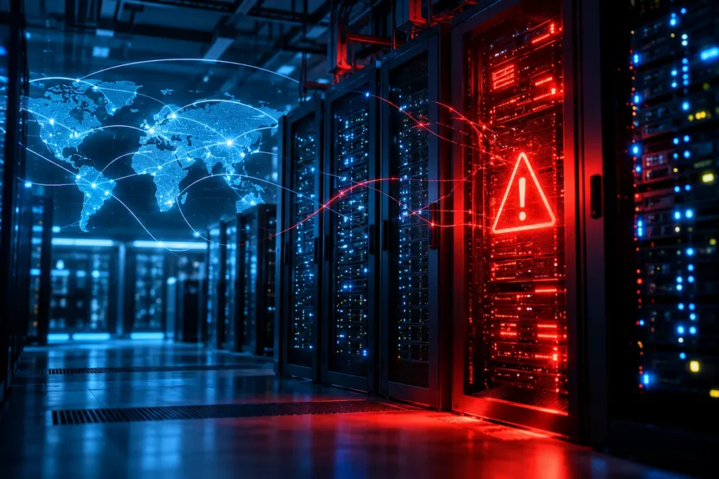 Servidores de um data center com luzes azuis e alerta vermelho representando as falhas críticas de segurança PHP2Shell.