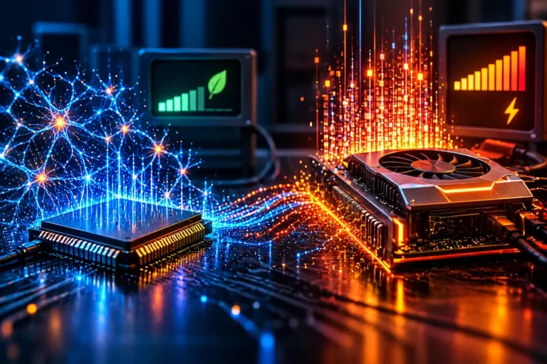 Chip neuromórfico e GPU convencional em uma bancada de testes, comparados por eficiência energética e processamento de inteligência artificial.