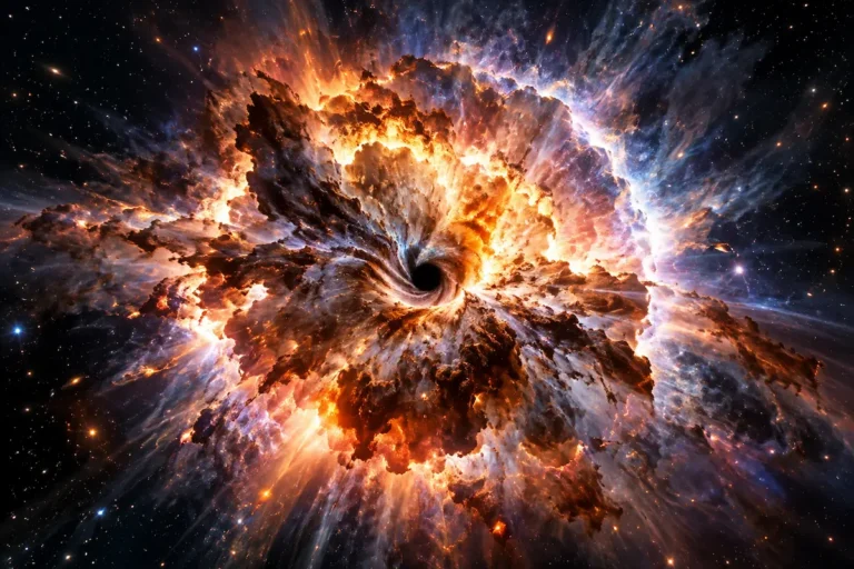 Estrela massiva em colapso gravitacional, com nuvens de gás e plasma luminoso ao redor de um buraco negro em formação no espaço.