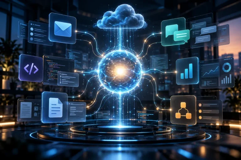 Representação de um agente de IA conectado à nuvem, e-mail, código, mensagens, documentos e análise de dados em um ambiente tecnológico futurista.