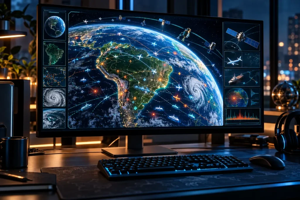 Interface futurista em um computador exibindo mapa 3D da Terra com aviões, satélites, navios e alertas geoespaciais do God’s Eye View.