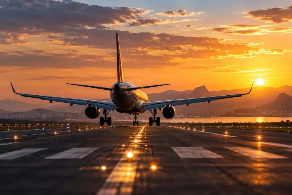 Avião comercial em pista de aeroporto ao pôr do sol, com luz dourada no céu e montanhas ao fundo