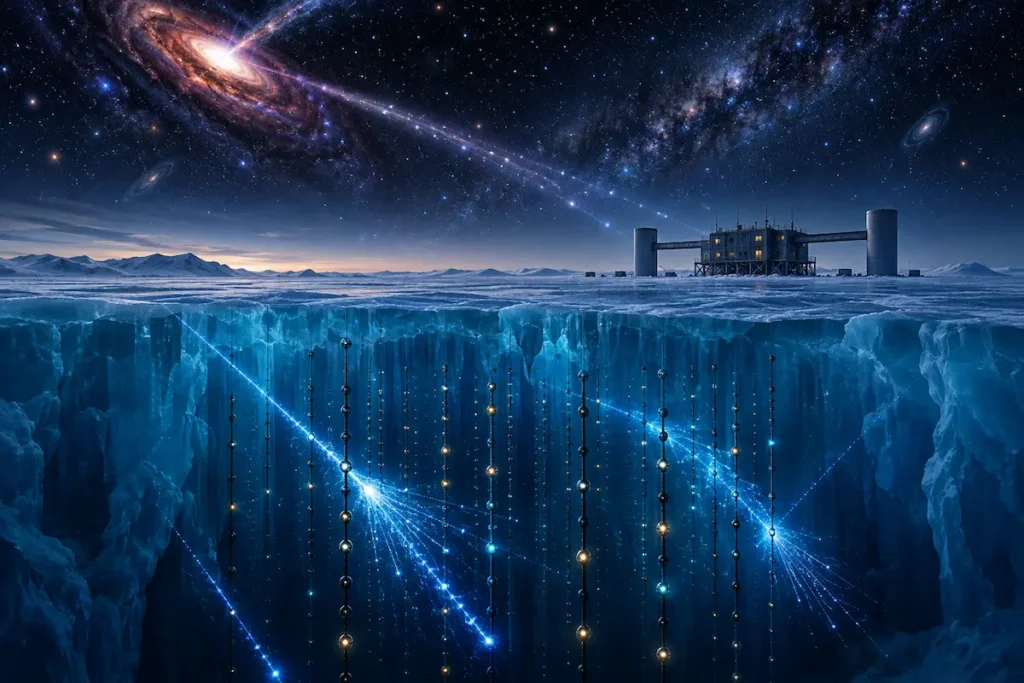 Ilustração do Observatório IceCube sob o gelo da Antártida, com sensores detectando neutrinos astrofísicos de alta energia provenientes do espaço.