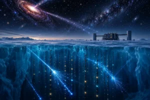Ilustração do Observatório IceCube sob o gelo da Antártida, com sensores detectando neutrinos astrofísicos de alta energia provenientes do espaço.