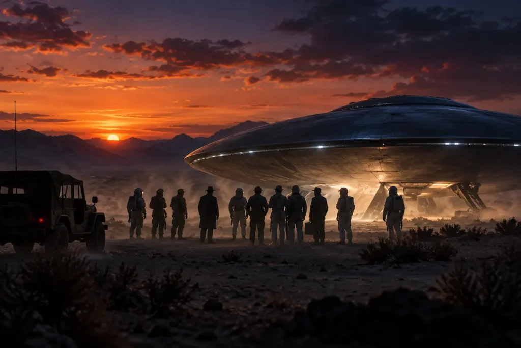 Ilustração conceitual do Projeto Serpo, com um grupo de humanos diante de uma suposta nave extraterrestre no deserto de Nevada, em 1965.